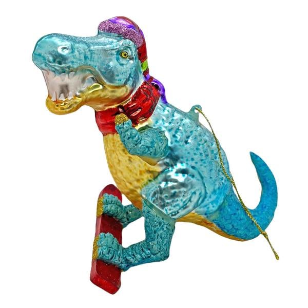 Ferncrest Trading Surfing Dinosaur Glass Christmas Tree Bauble