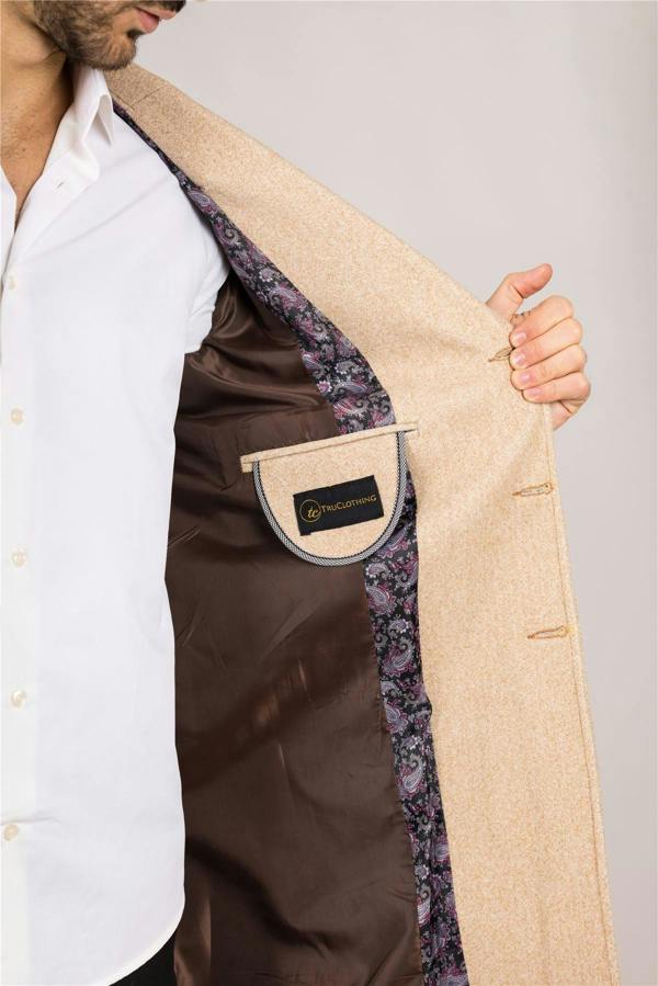 Infinity Leather Men's Notched Lapel Collar Wool Blend Beige Overcoat