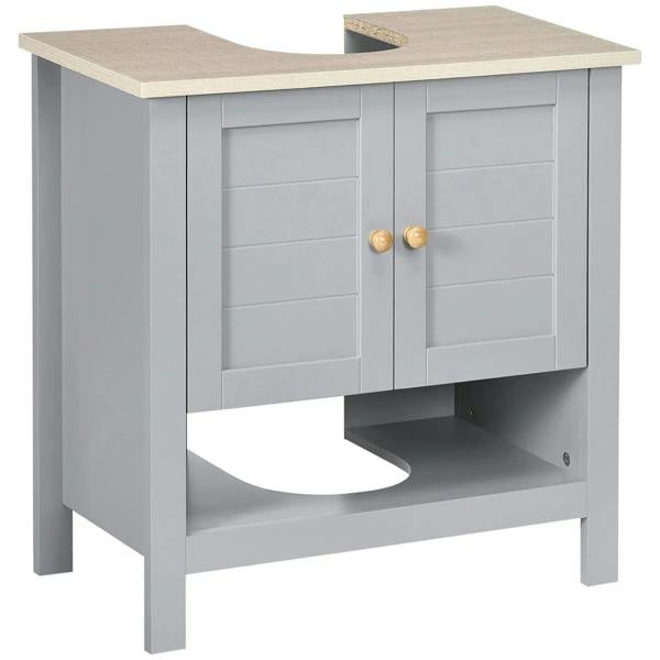 Grey under-sink vanity cabinet with two doors, round knobs, and U-shaped sink pipe cut-out
