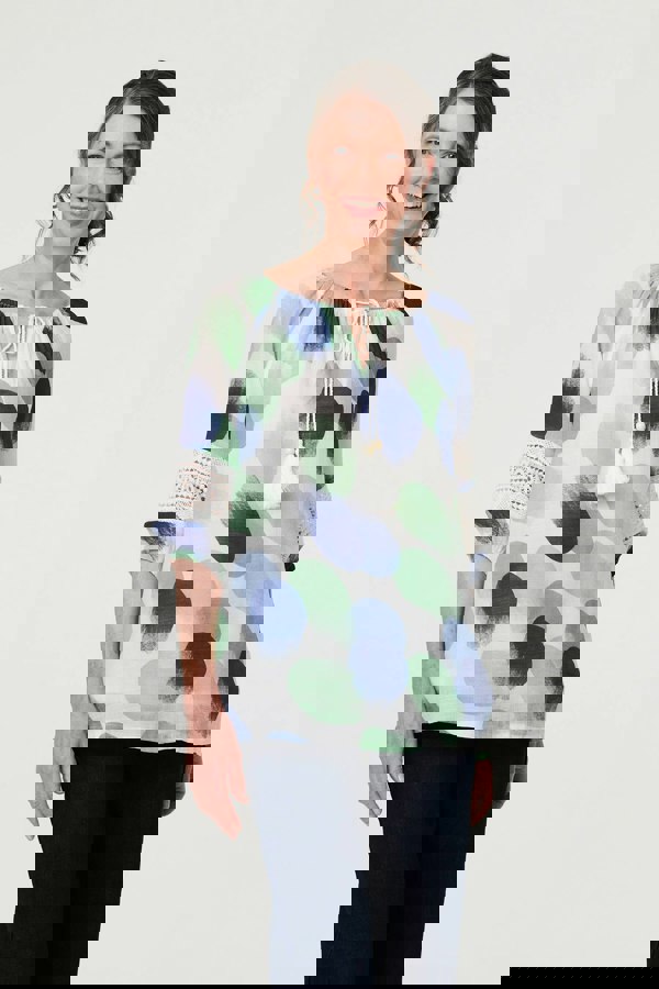 Sage | Printed Lace Trim Tassel Front Blouse
