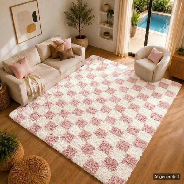 Livabliss Urban Shaggy USG2347 Modern Ivory Pink Checkered Soft Plush Pile Rug