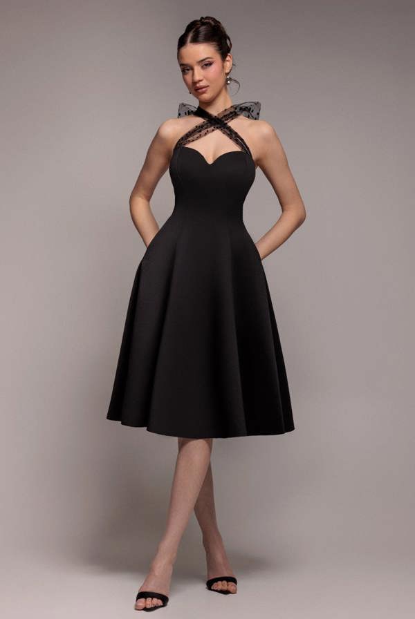 Scuba & Polka Mesh Bella Bow Multiway A-Line Midi Dress - Black DR4877