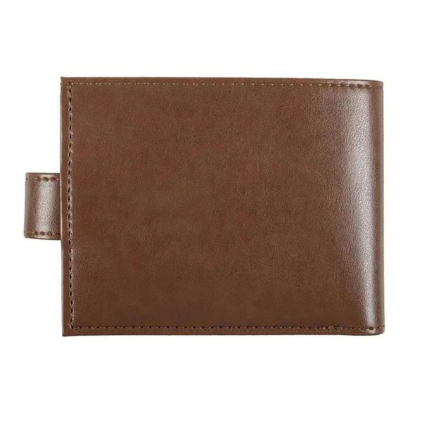 Brown faux leather wallet front with stitched edges and small side tab