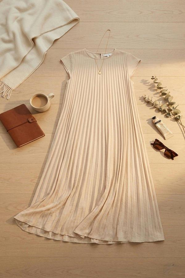 Sarina Pleated Cap Sleeve Maxi Dress - Beige