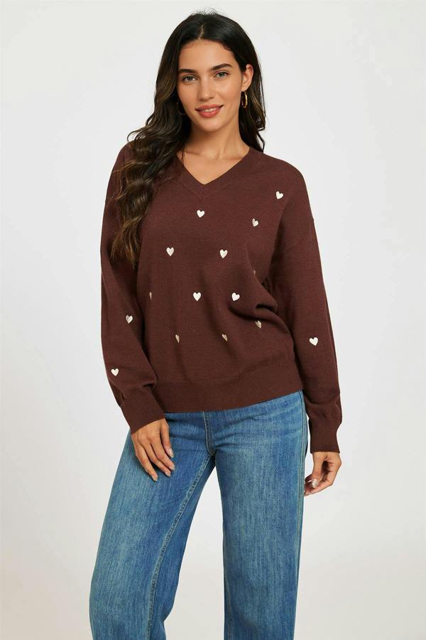 FS Collection Embroidery Cream Heart V Neck Jumper In Brown