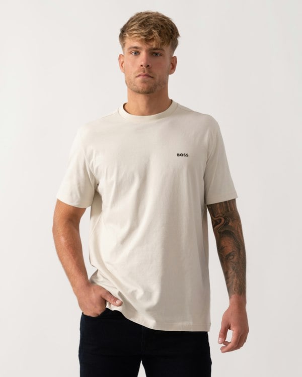 BOSS Green Tee Mens Stretch Cotton T-Shirt with Contrast Logo - Open White 131 - CHO - Designer Mens Logo T-Shirts