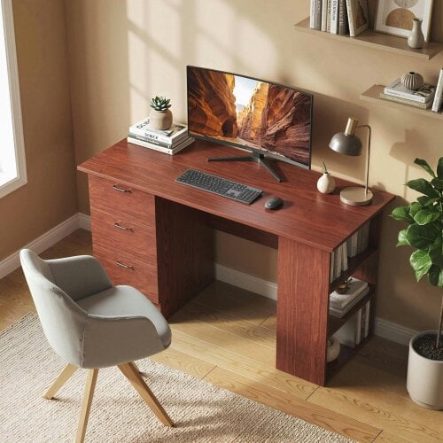 Wyld Haus Mimi 120cm Wooden Walnut Brown Home Office Desk With 3 Shelves And Drawer Storage