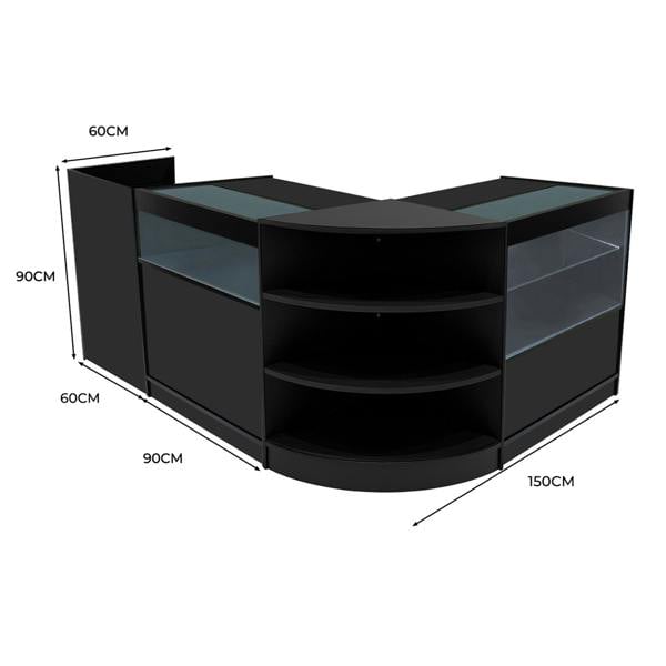 Black Europa LED Shop Counter Set featuring sleek glass displays, curved design, and ample storage space, ideal for retail environments