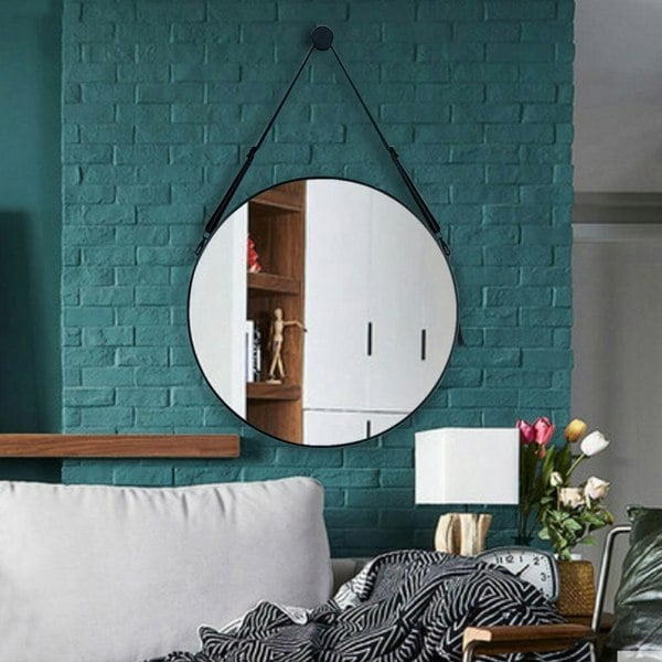 Retro Round Hanging Mirror with Adjustable Leather Strap Wall Mirrors Living and Home 60CM