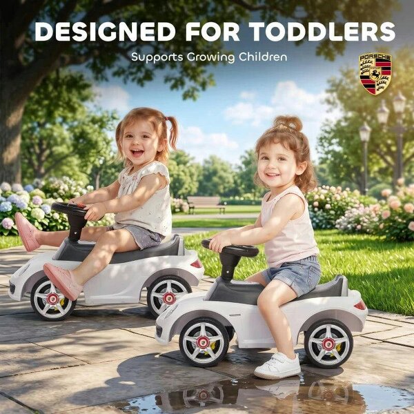 Ride on Car, Porsche Licensed Toddler Push Car with Horn, Headlights, Sound and Steering Wheel for 18-36 Months, White
