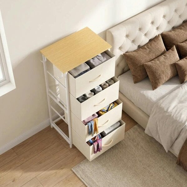 Chest of Drawers with 4 Fabric Drawers, Tall Storage Unit with 2 Hooks and Steel Frame for Bedroom, Beige