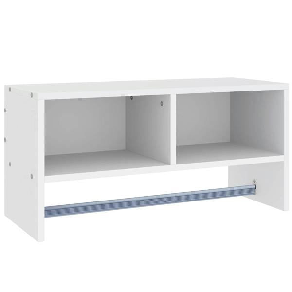 White wall-mounted coat hanger rack with 2 shelves and metal hanging rail