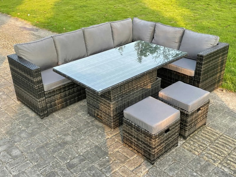 Fimous 8 Seater Rattan Garden Furniture Set with Corner Sofa, Adjustable Dining Or Coffee Table, 2 Footstools - Dark Grey