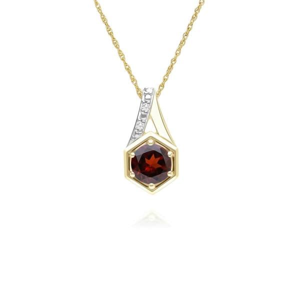 Gemondo Geometric Hexagon with Prong set Round Garnet and Diamond Pendant Necklace in 9ct Yellow Gold