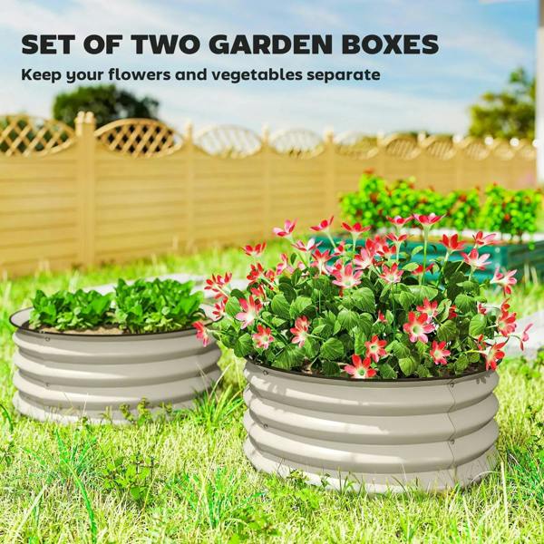 Cream white metal raised garden beds with rounded, ridged side walls