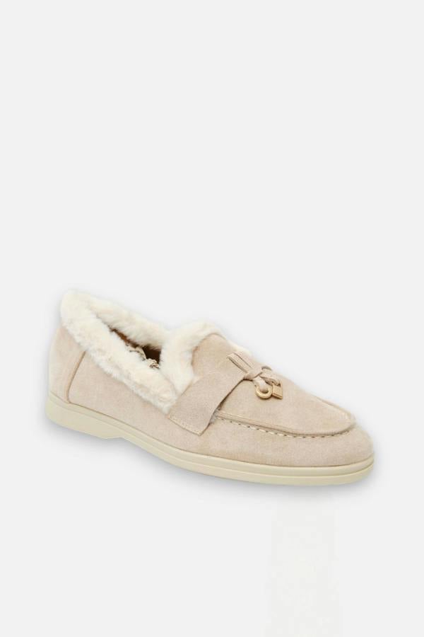 Velvet Crush Loafers Nude, capturing decorative gold-tone ring and strap across upper