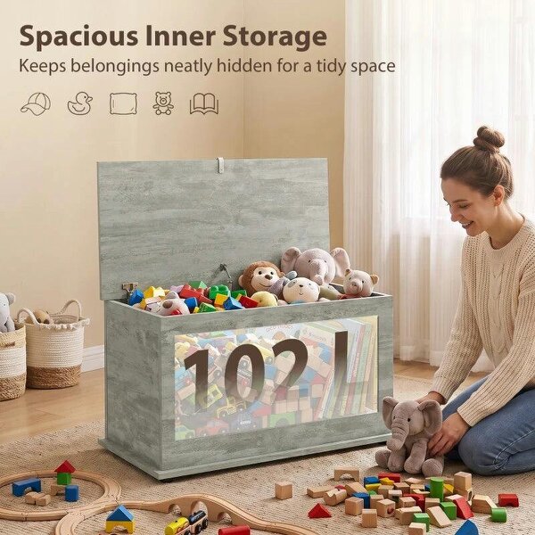 Storage Chest, 102L Blanket Box, Shoe Bench with Safety Hinged Lid, Bed End Bench for Bedroom, 80 x 40 x 45cm, Grey