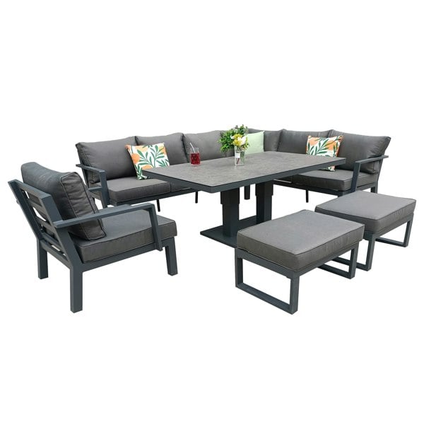 Furniture One Garden Furniture 7 Seater Set, Aluminium Patio Corner Sofa with Firepit Table, Stools & Soft Cushions