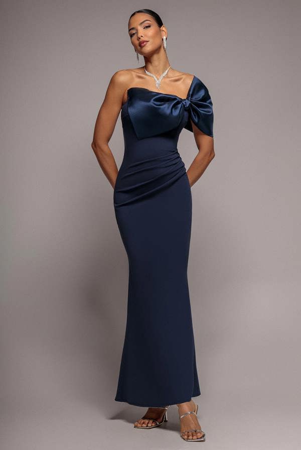 Off The Shoulder Satin Bow Neck Maxi Dress - Navy Blue DR5073