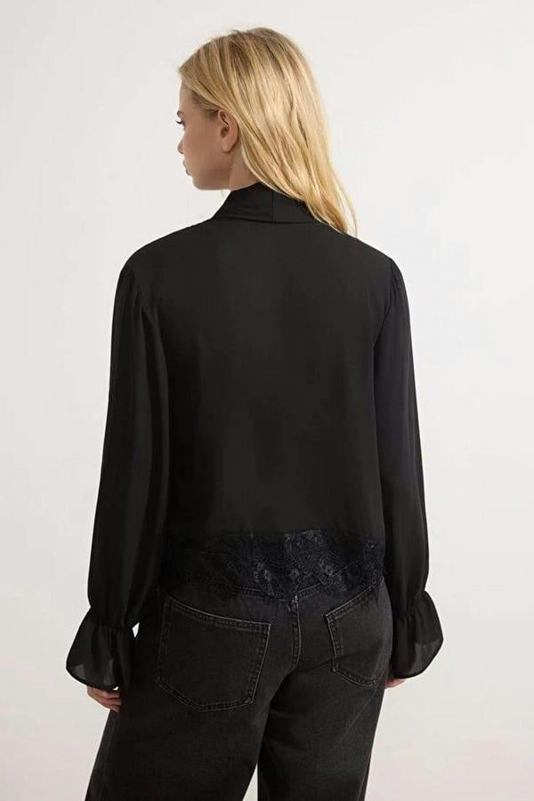 WOVCOR Scarf Neck Lace Detail Long Sleeve Woven Blouse