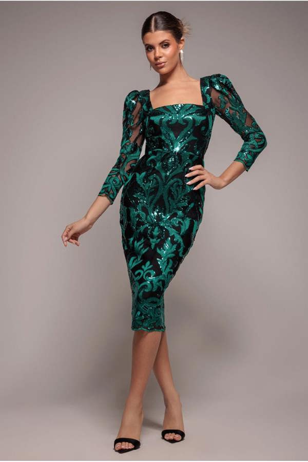 Square Neck Scalloped Embroidered Sequin Midi Dress - Emerald Green DR4124