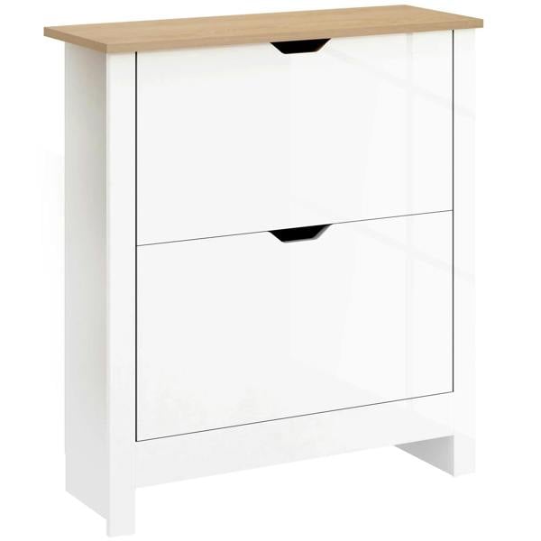 Slim high-gloss white shoe cabinet with two flip drawers and wood top.