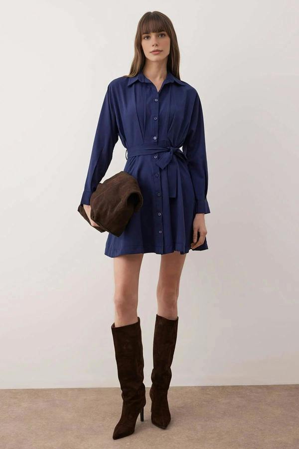 WOVCOR Mini Woven Shirt Dress with Belt Detail