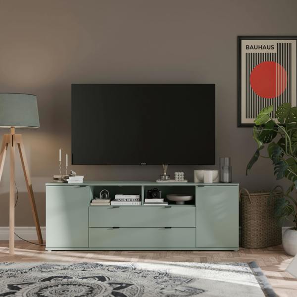 Furniture To Go Ganymede Wide TV Unit with Open Shelving, 2 Drawers & 2 Doors in Sage Green