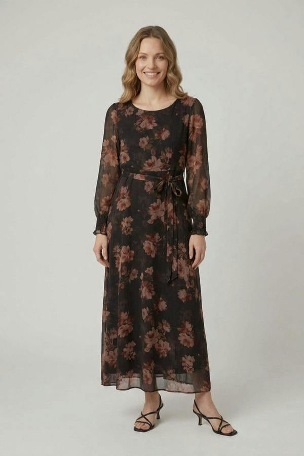 Black | Floral Semi Sheer Layered Tie Midi Dress