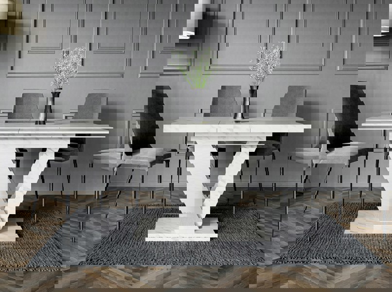 Extendable dinner table DUBAI 120–160 cm with marble effect top.