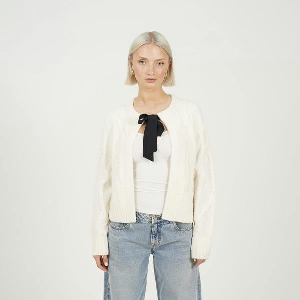 Brave Soul Cream Crew Neck Cable Knit Cardigan With Bow - Cream Image 1