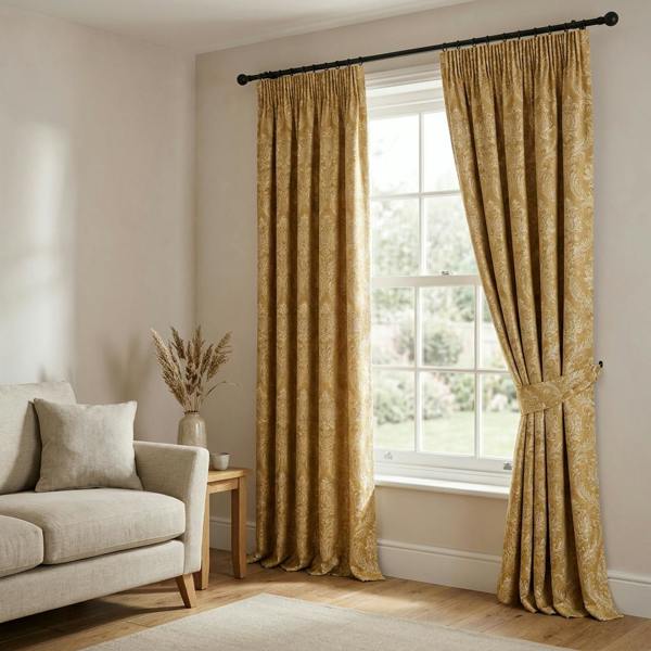 Windermere made-to-measure curtains in Gold, styled in a living room