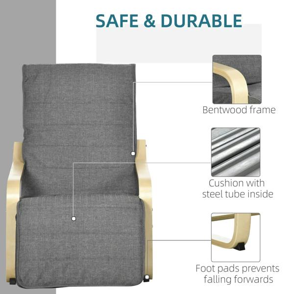 Dark grey lounge chair with light wood frame, backrest cushion, and foot pads