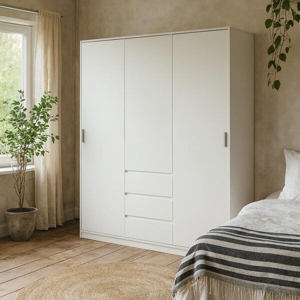 Wyld Haus Budapest White Wooden Wardrobe 3 Doors 3 Drawers
