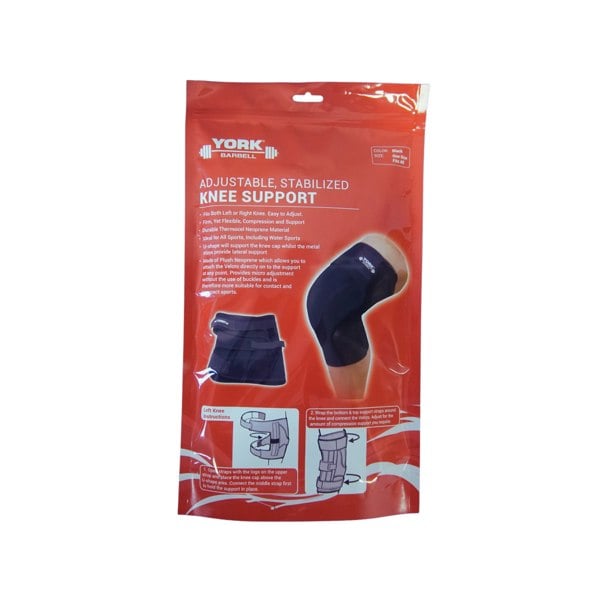 York Barbell adjustable stabilised knee support packaging