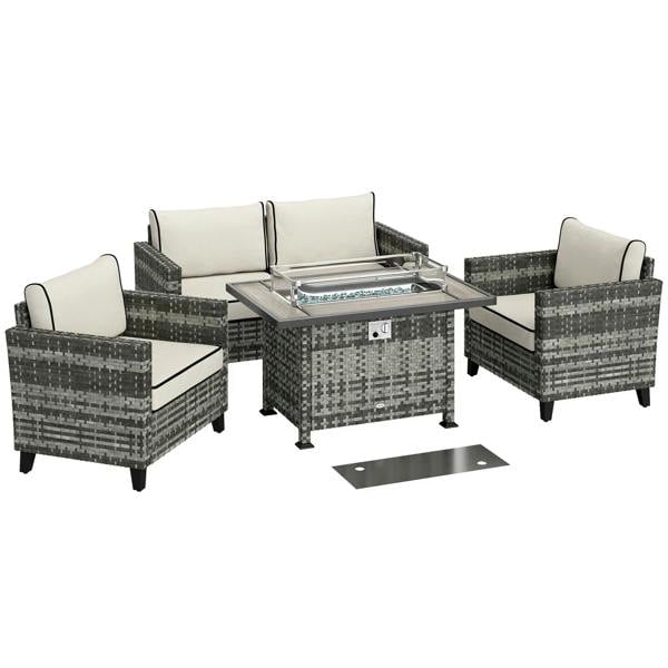 Grey rattan patio conversation set with fire pit table, loveseat and armchairs, cushions