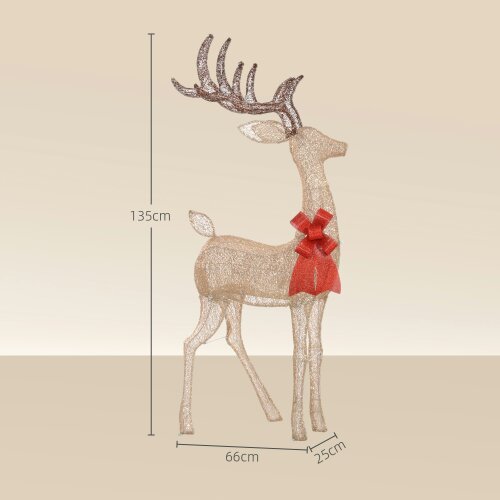 Outsunny Lighted Reindeer Christmas Decoration w/ Stakes Zip Ties Gold Tone