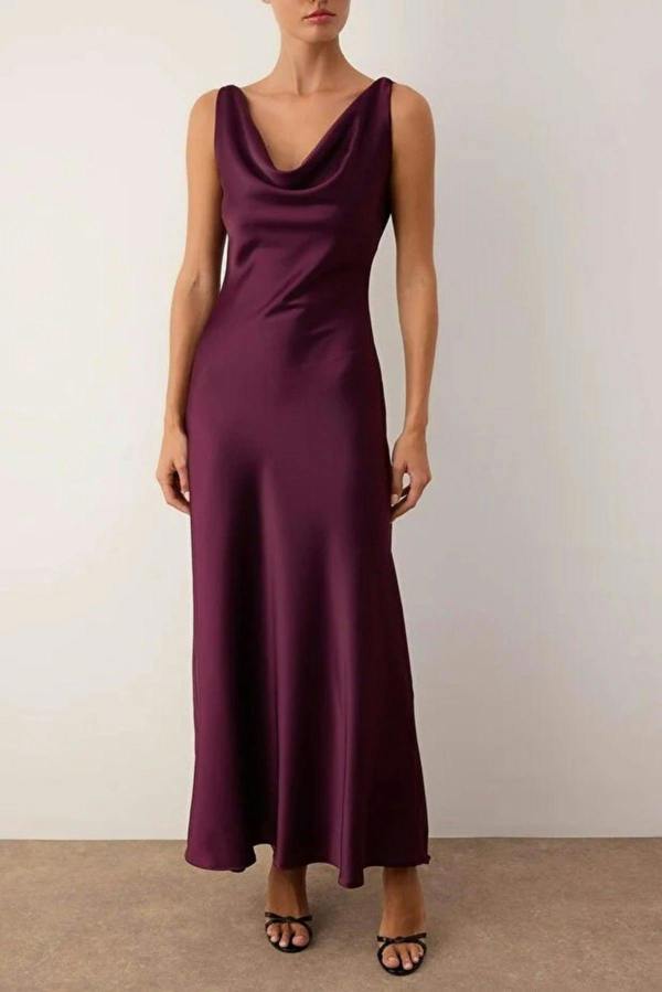 WOVCOR A-Line Cowl Neck Satin Maxi Elegant Dress