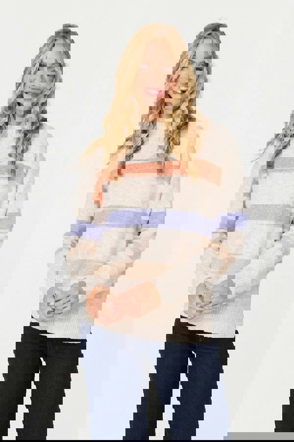 Beige | Striped High Neck Boxy Jumper