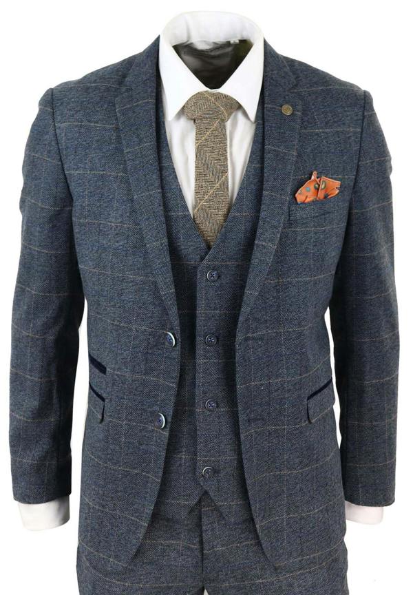 Marc Darcy Mens 3 Piece Blue Tweed Check Vintage Suit