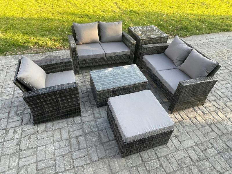 Fimous 6 Seater Wicker Rattan Garden Sofa Set, Coffee Table, Double Seat Sofa Chair, Big Footstool and Side Table, Outdoor Rattan Set, Dark Grey Mixed