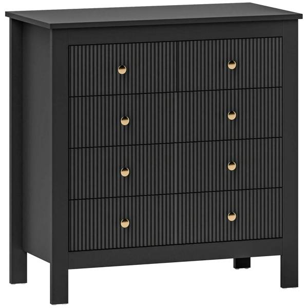 Black five-drawer chest with fluted front panels and five round brass knobs.