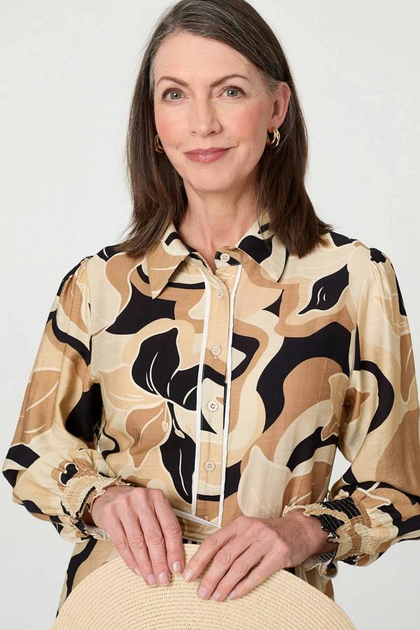 Beige | Abstract Floral Midi Shirt Dress