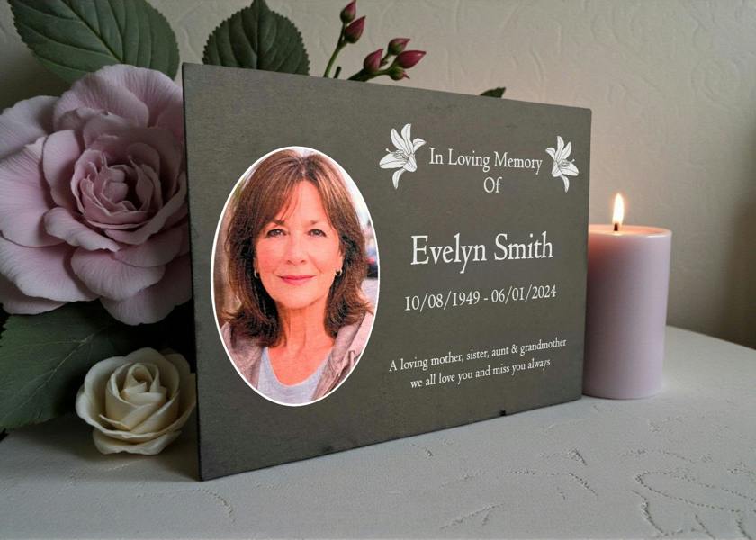 Memorials Direct Photo Slate Memorial Plaque, Lilys, Add a Portrait & Personalised Text | 35×25cm (14×10”)