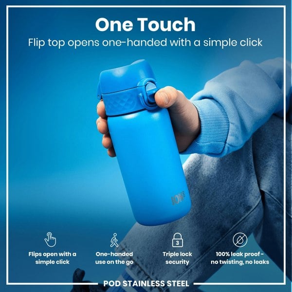A blue water bottle is held; its flip top opens one-handed. The bottle is made of stainless steel, is leakproof and has a triple lock security. It's shown against a blue background.