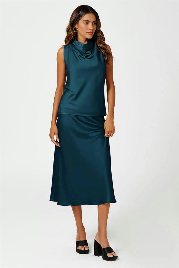 FS Collection Teal Satin Midi Skirt