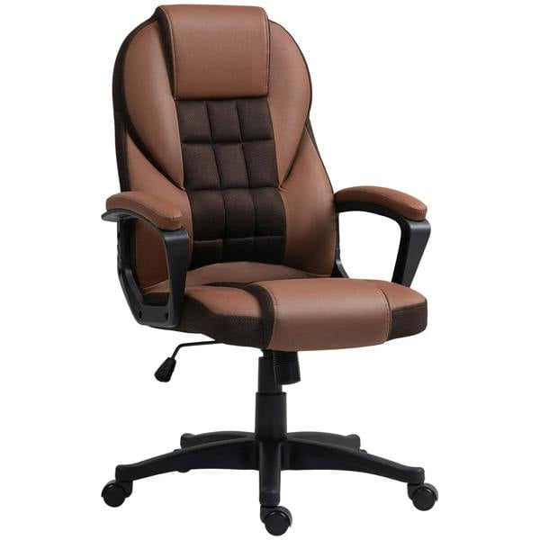 Brown faux leather office chair with padded headrest, armrests, and cross-base on wheels