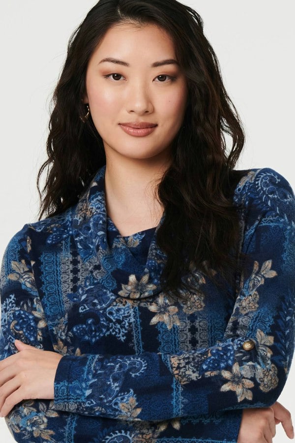 Blue | Printed Cowl Neck Long Sleeve Tunic Top