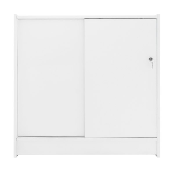 Sleek white LED retail shop counter K900 with a modern design, featuring a sliding door and a key lock for secure storage