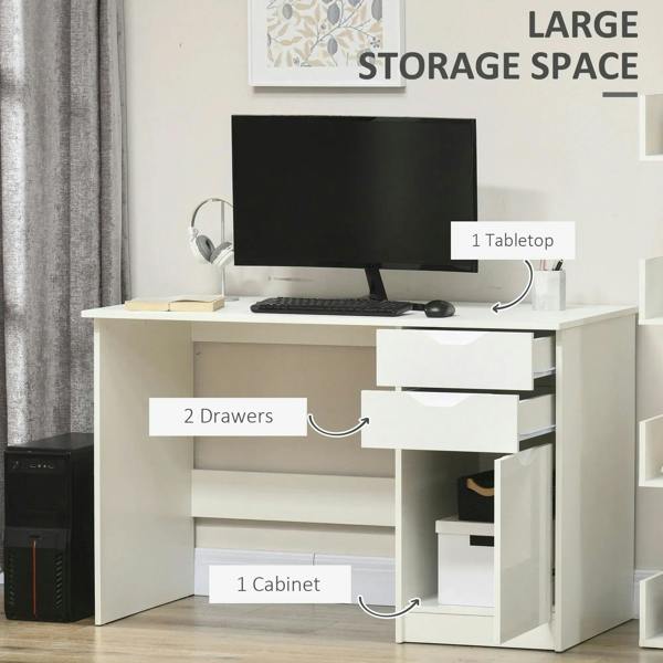 White computer desk with open storage, two drawers, and right-side cabinet section